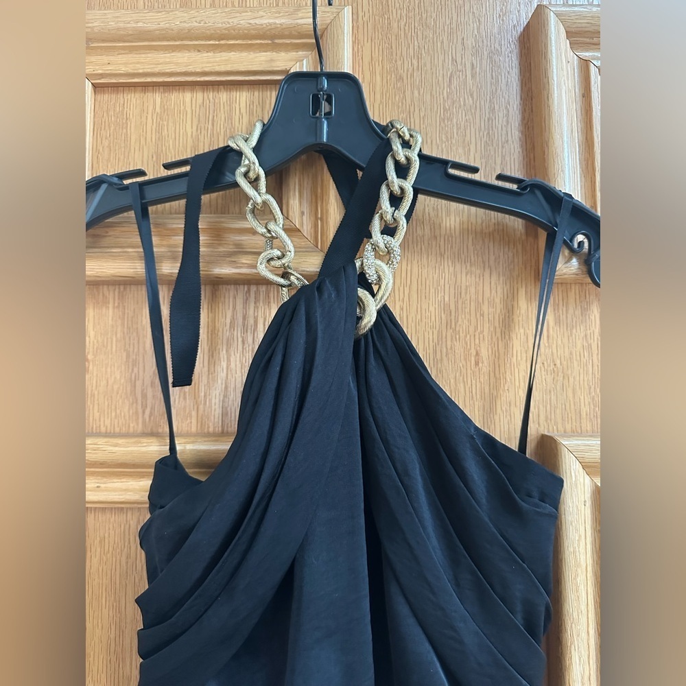 BCBG MAXAZRIA Black Halter Maxi Dress with Chain Neck – Size 0